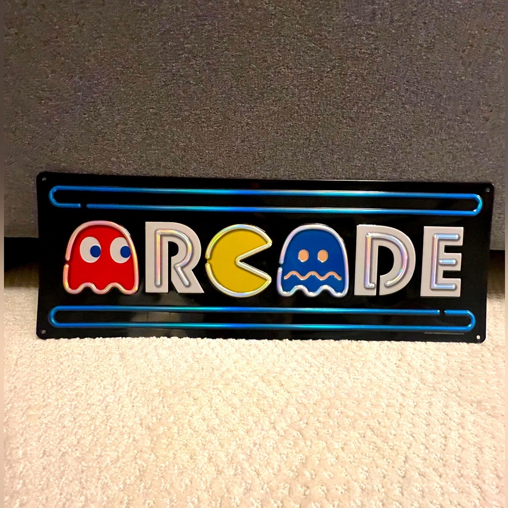 Retro Arcade metal embossed sign with Pac-Man Design